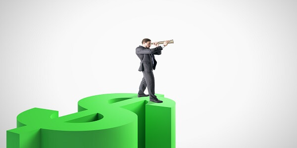 Businessman standing on a large dollar symbol with a telescope, representing strategies to manage customer acquisition costs in eCommerce.