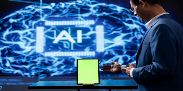 AI securing customer loyalty data on digital tablet