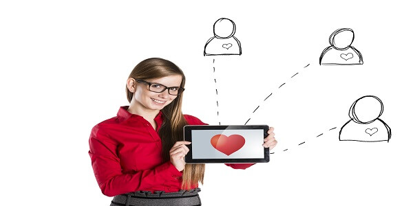 Funny social media illustration showing love and connections online, representing engagement and loyalty in digital communication.