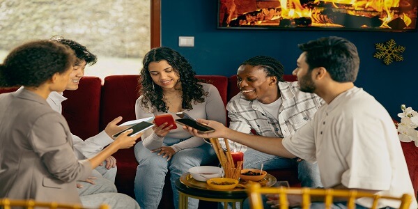 Multicultural customers engaging with loyalty program rewards