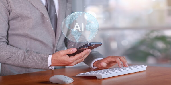 Businessman using artificial intelligence technology to enhance office productivity and efficiency, symbolizing AI integration in loyalty programs for improved customer engagement and loyalty.