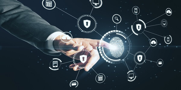 Businessman touching digital fingerprint icon representing privacy and personalization in Web 3.0.