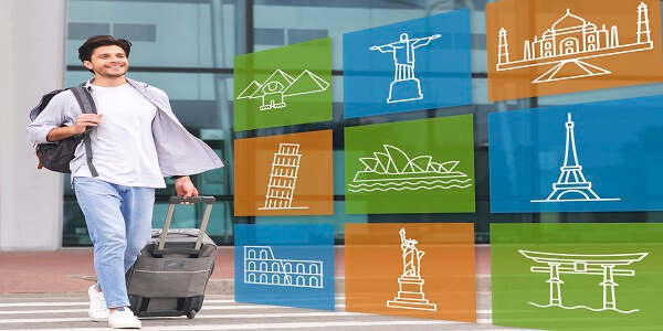 Smiling traveler walking with luggage beside digital icons of global landmarks, symbolizing how travel reward programs inspire bookings and global travel experiences.