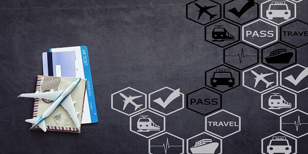 Airplane and boarding passes with digital travel icons symbolizing future travel loyalty programs.
