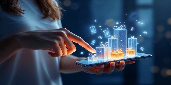 Person using a smartphone with digital gift icons representing AI-powered real-time rewards and instant gratification in loyalty programs.