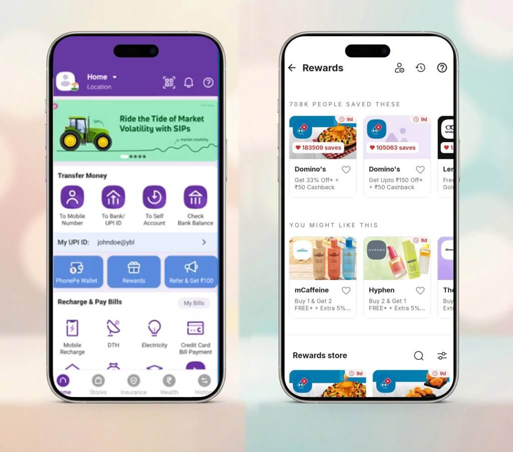 PhonePe cashback rewards and offers section