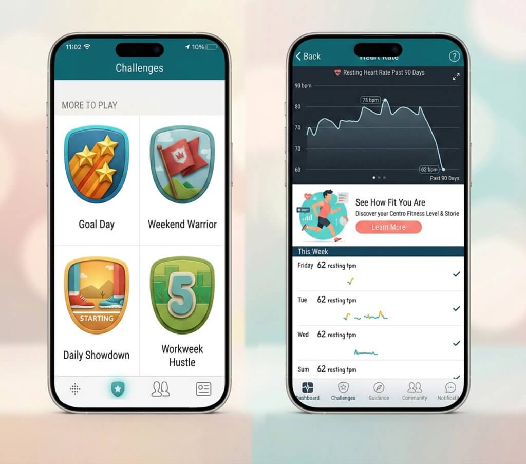 Fitbit app showing fitness rewards and stats