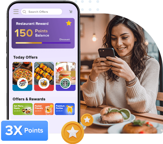 Restaurant loyalty program mobile app showing points balance and offers